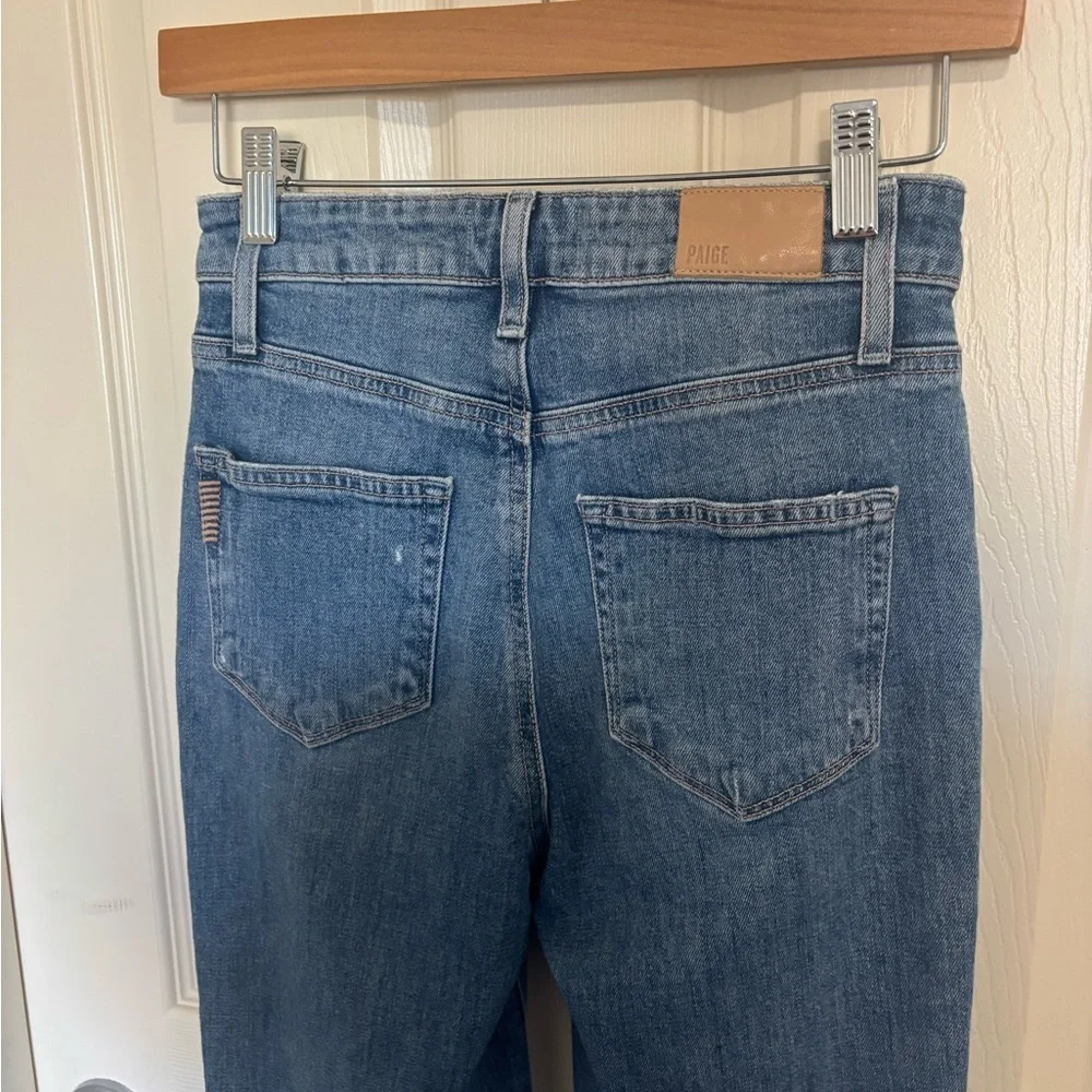 PAIGE Sarah Slim Straight Jeans Effortless Parisian Denim ripped and worn denim